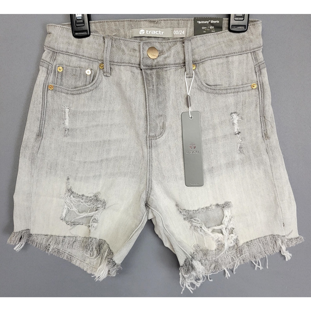 Tractr Brittany Shorts Womens 00/24 Gray Distressed Denim High Rise Frayed Hem